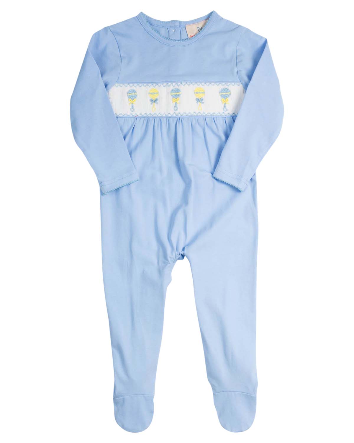 Baby Rattle Smocked Knit Onesie In Blue Smockingbird