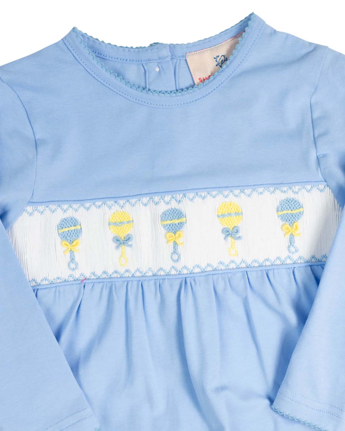 Baby Rattle Smocked Knit Onesie In Blue Smockingbird