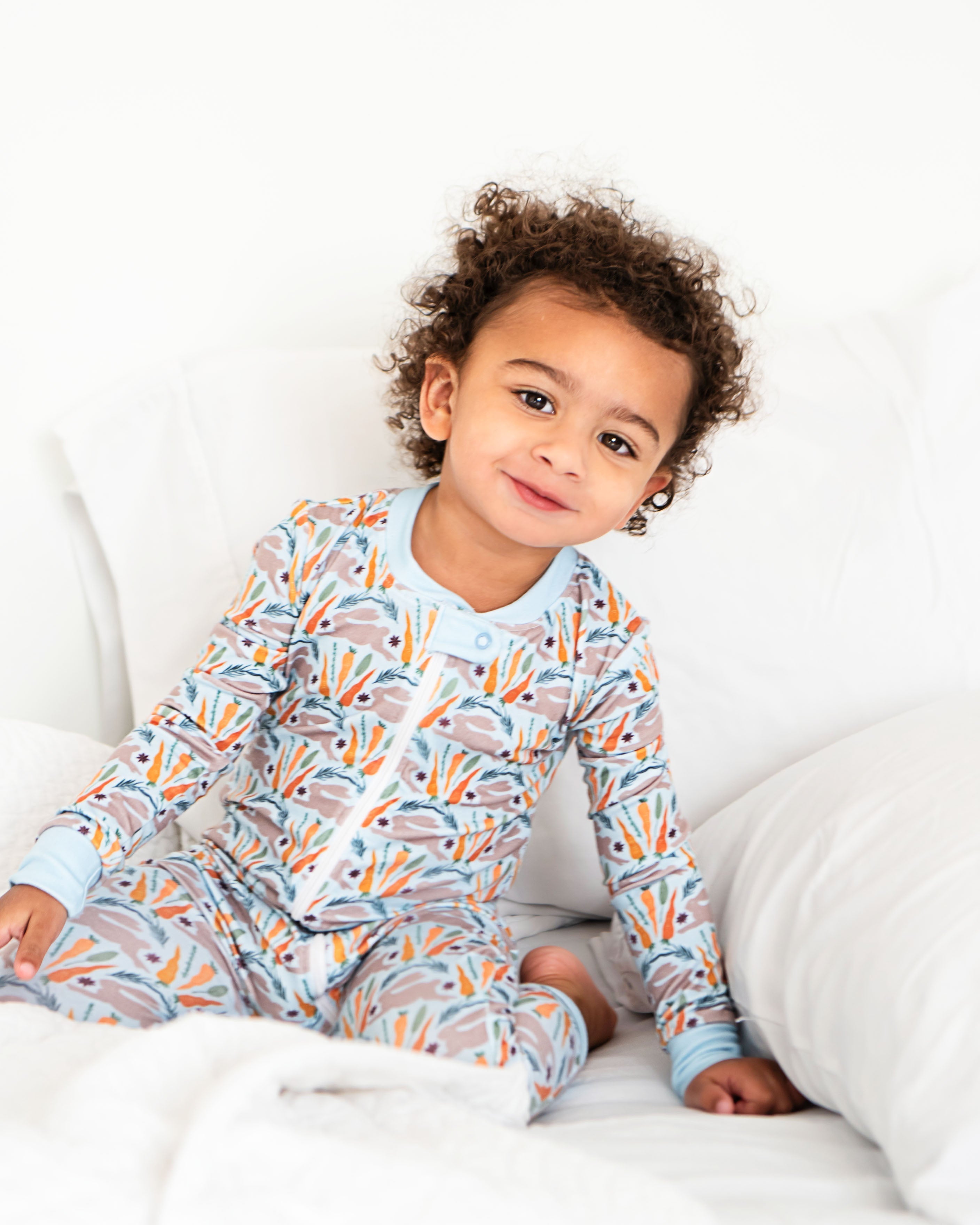 Spring Bunnies Blue Pima Cotton Zip Up Pajamas-FINAL SALE Smockingbird