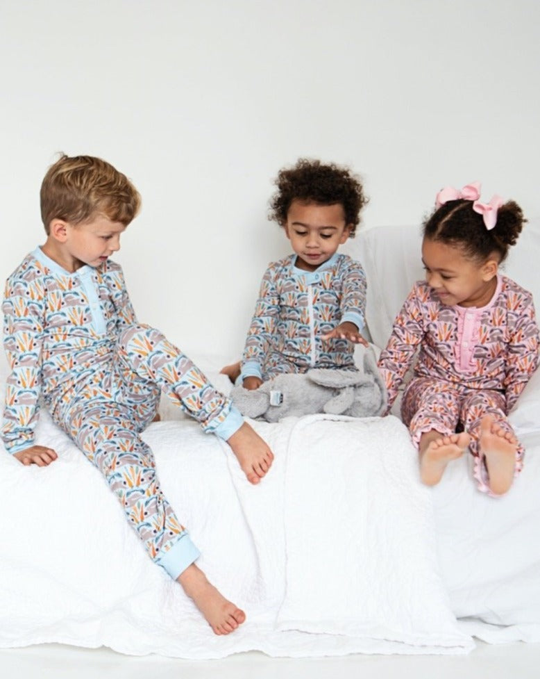 Spring Bunnies Blue Pima Cotton Zip Up Pajamas-FINAL SALE Smockingbird