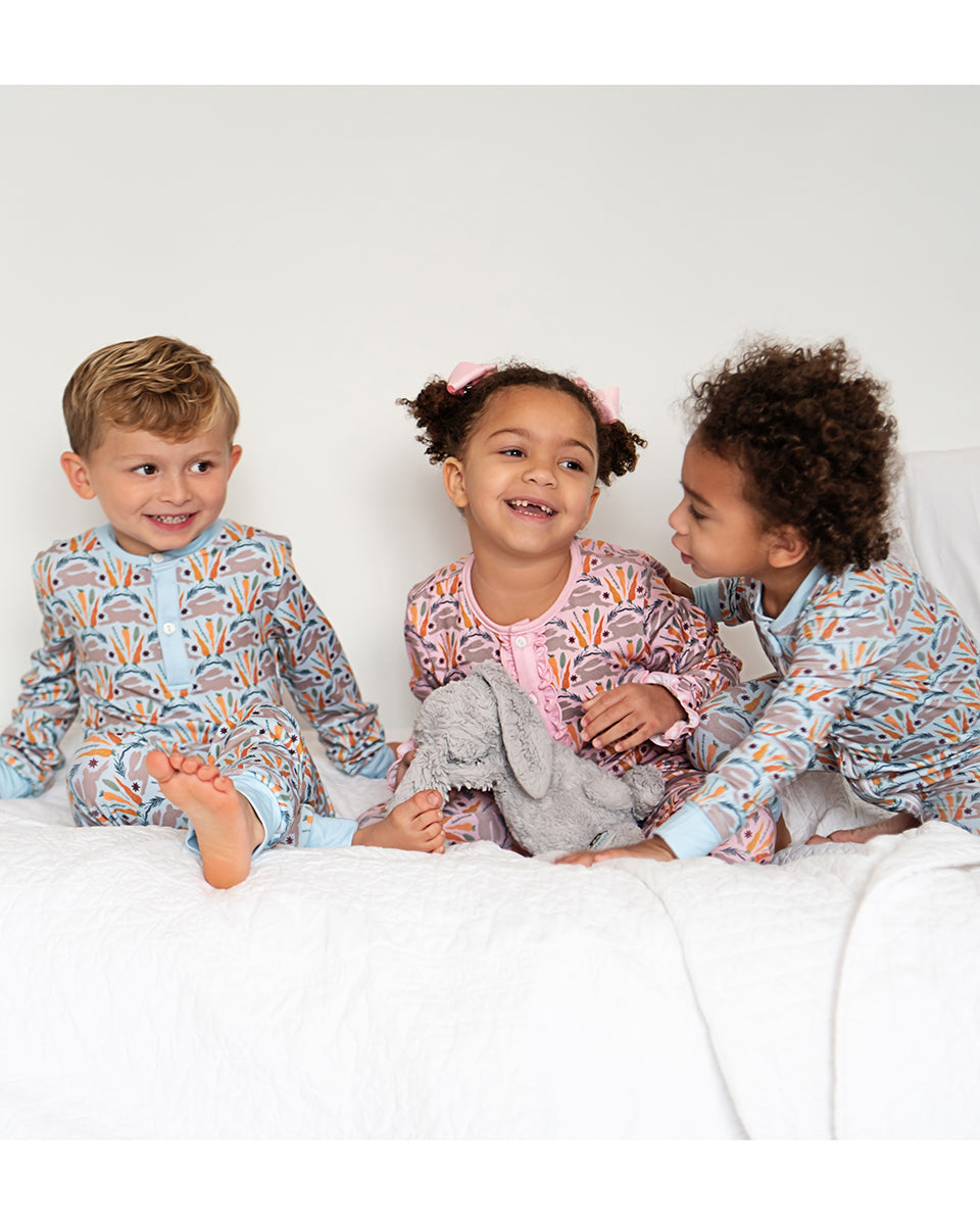 Spring Bunnies Blue Pima Cotton Zip Up Pajamas-FINAL SALE Smockingbird