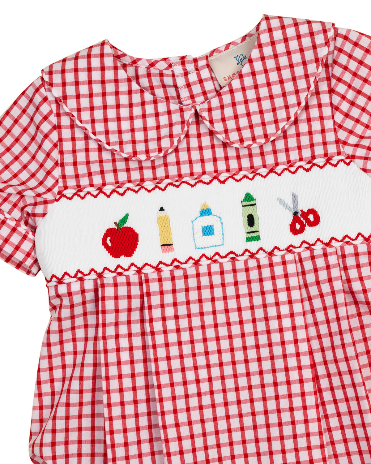 School Supplies Smocked Red Windowpane Boy Bubble- FINAL SALE Smockingbird