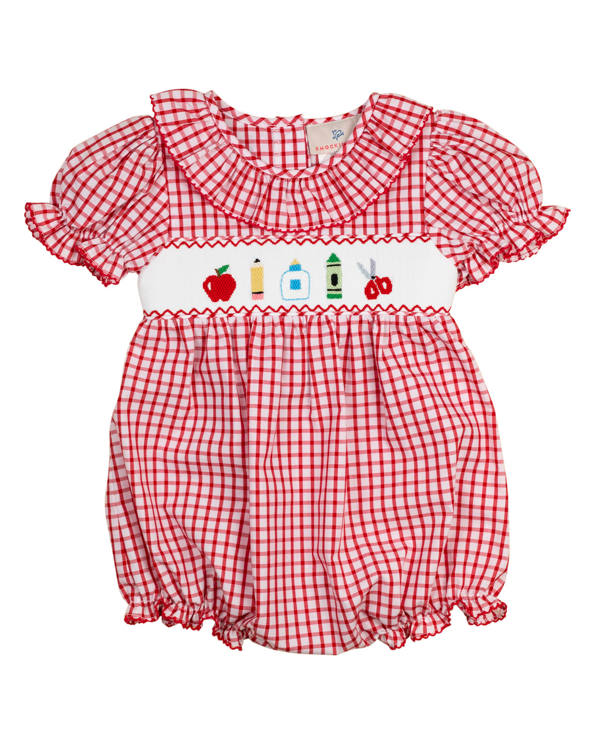 School Supplies Smocked Red Windowpane Girl Bubble- FINAL SALE Smockingbird