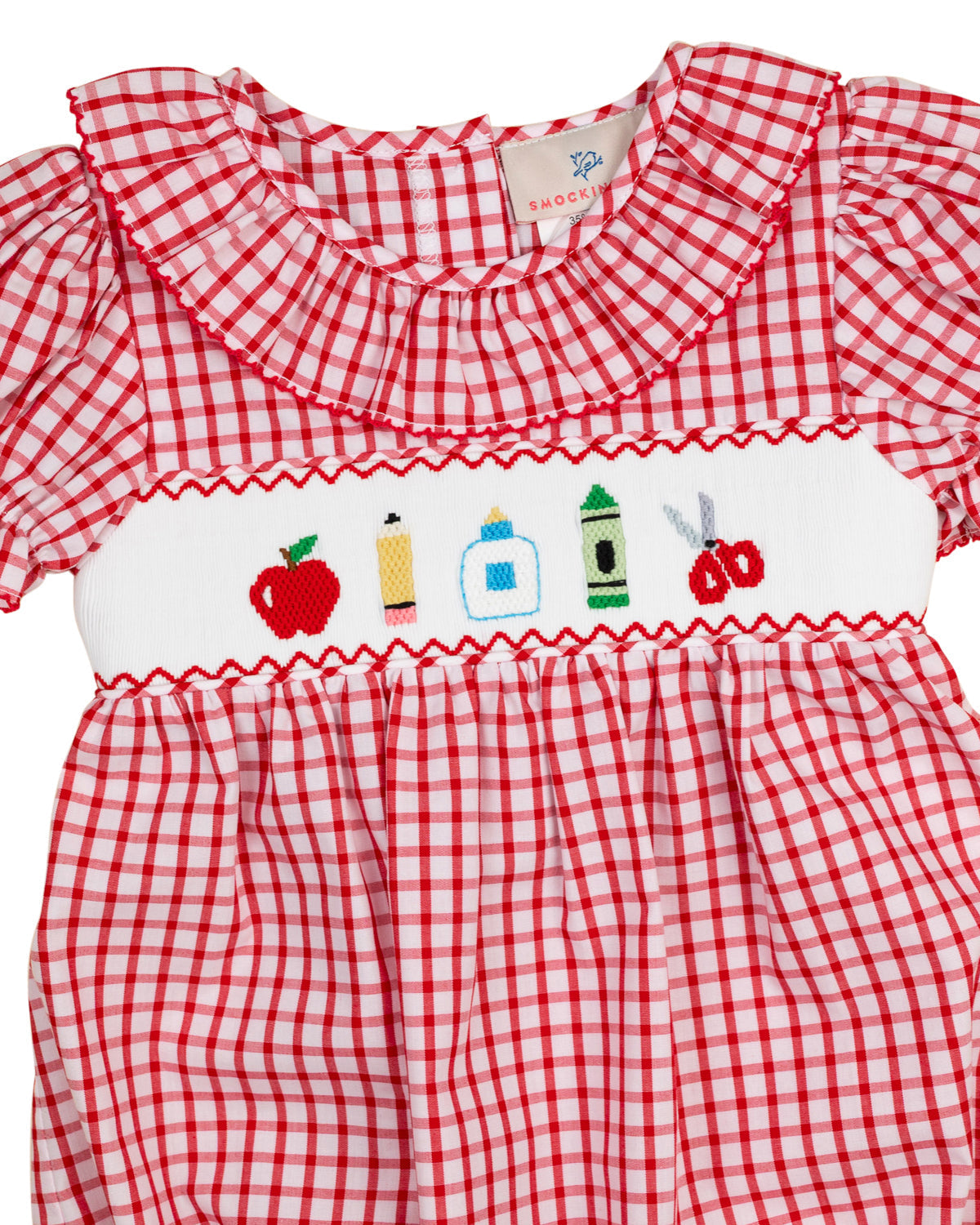 School Supplies Smocked Red Windowpane Girl Bubble- FINAL SALE Smockingbird