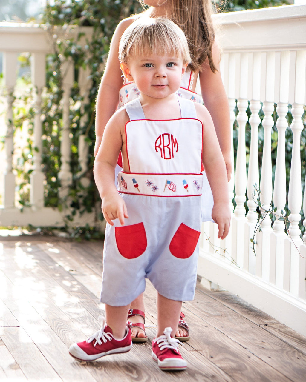 Patriotic Embroidered Shortall with Red Pockets- FINAL SALE