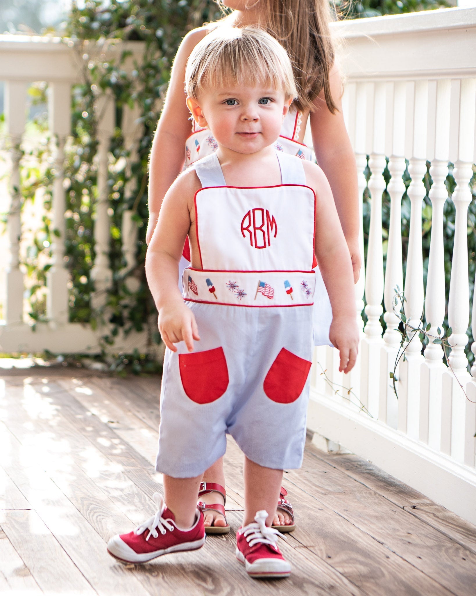 Patriotic Embroidered Shortall with Red Pockets- FINAL SALE