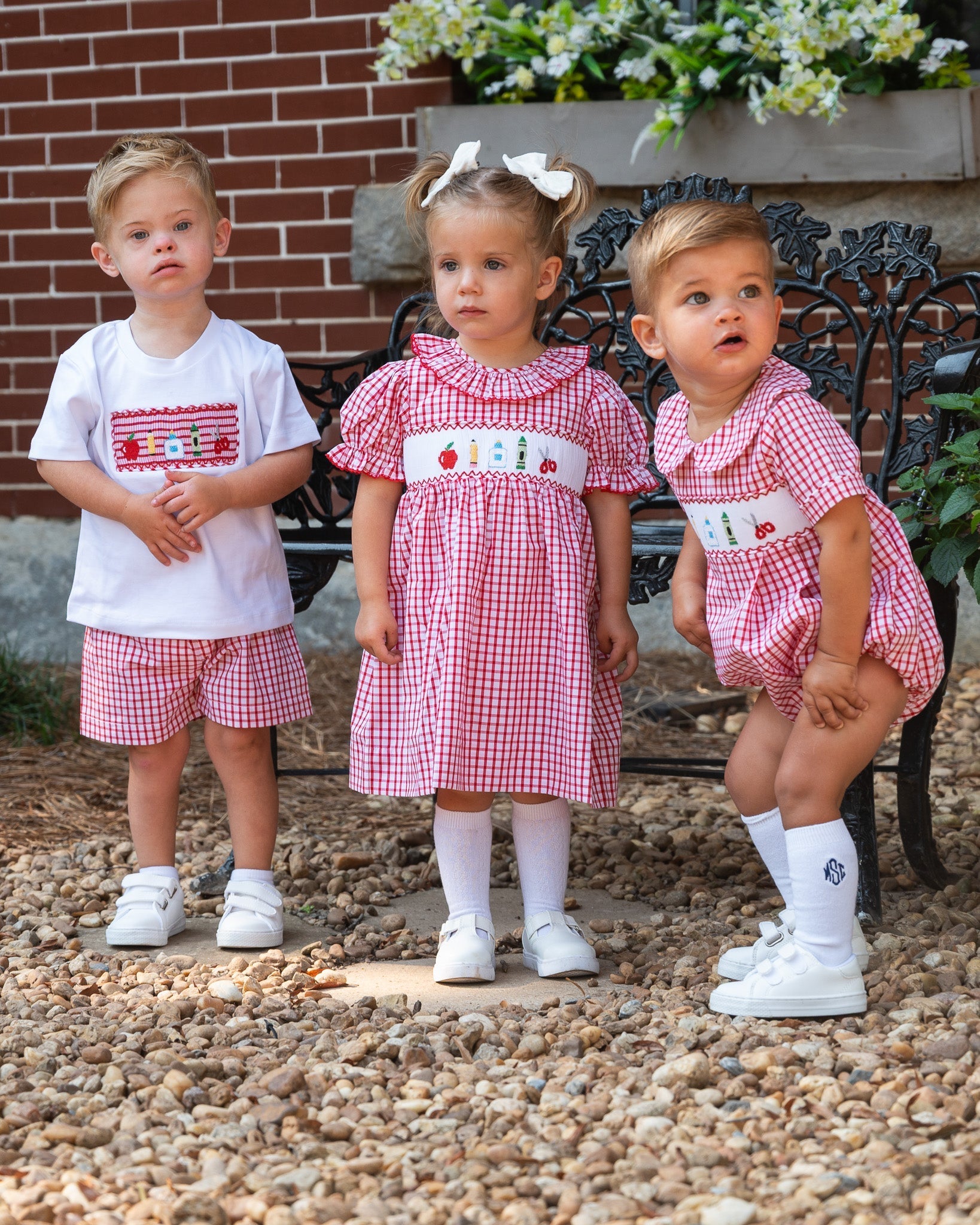 School Supplies Smocked Red Windowpane Boy Bubble- FINAL SALE Smockingbird