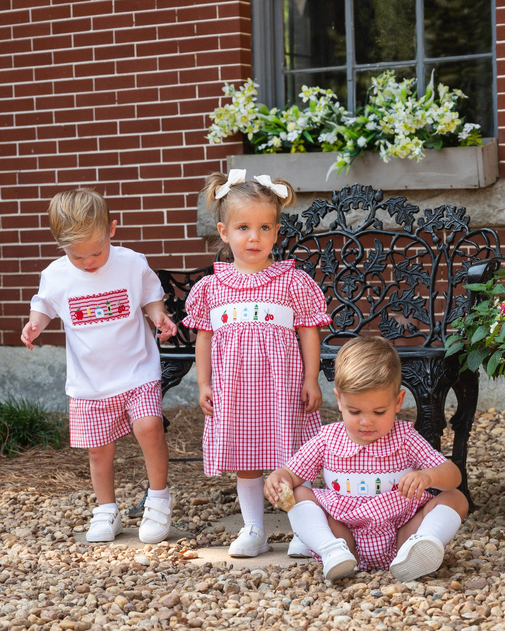 School Supplies Smocked Red Windowpane Boy Bubble- FINAL SALE