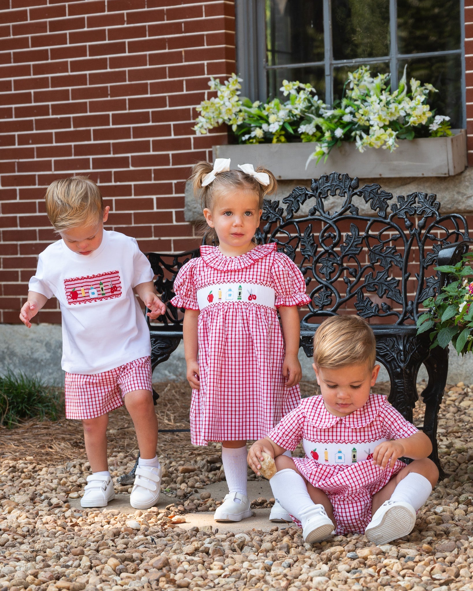 School Supplies Smocked Red Windowpane Boy Bubble- FINAL SALE