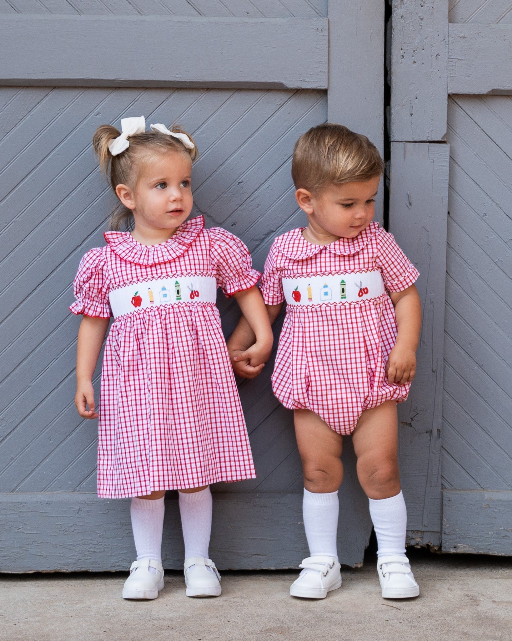 School Supplies Smocked Red Windowpane Boy Bubble- FINAL SALE Smockingbird