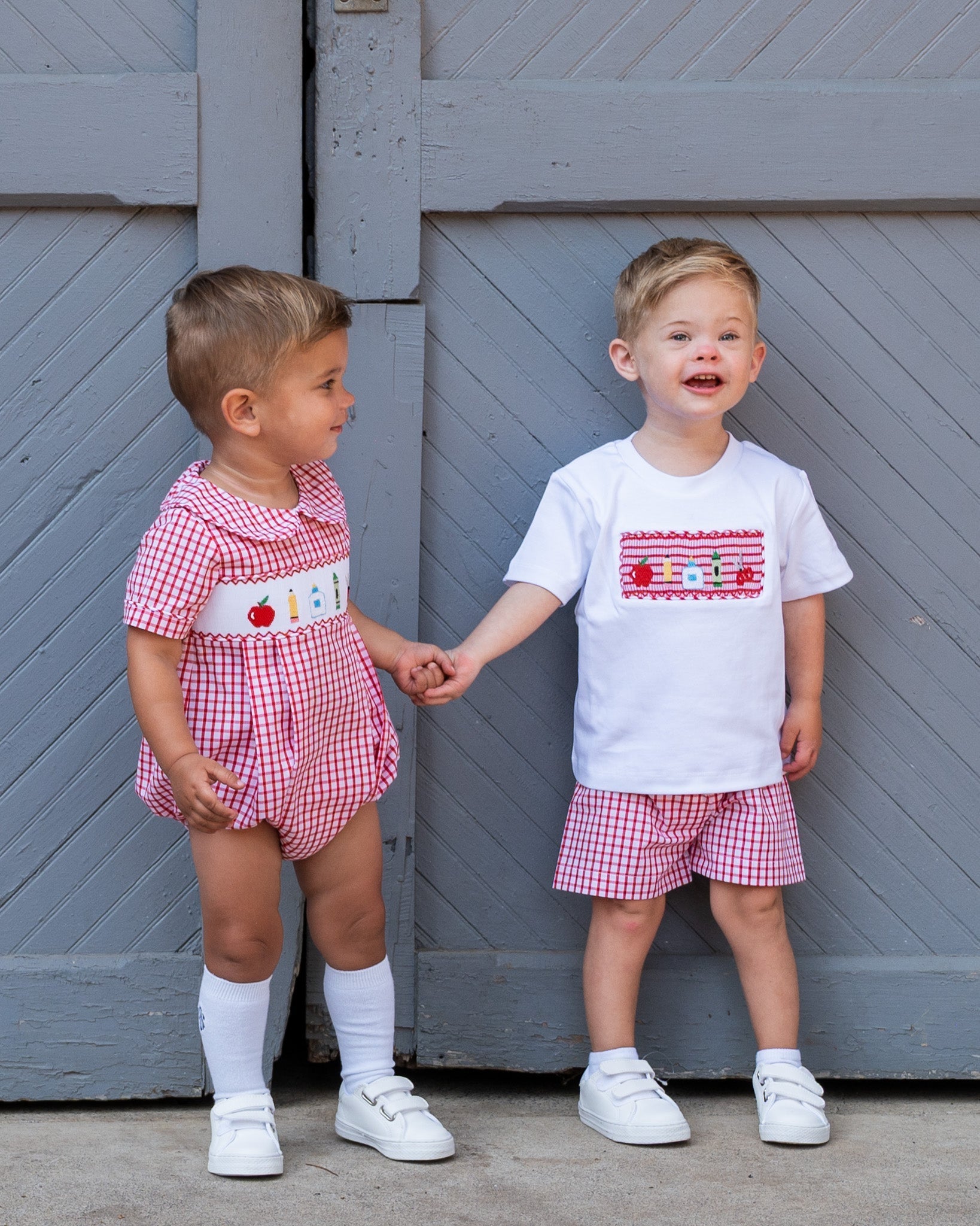 School Supplies Smocked Red Windowpane Boy Bubble- FINAL SALE Smockingbird
