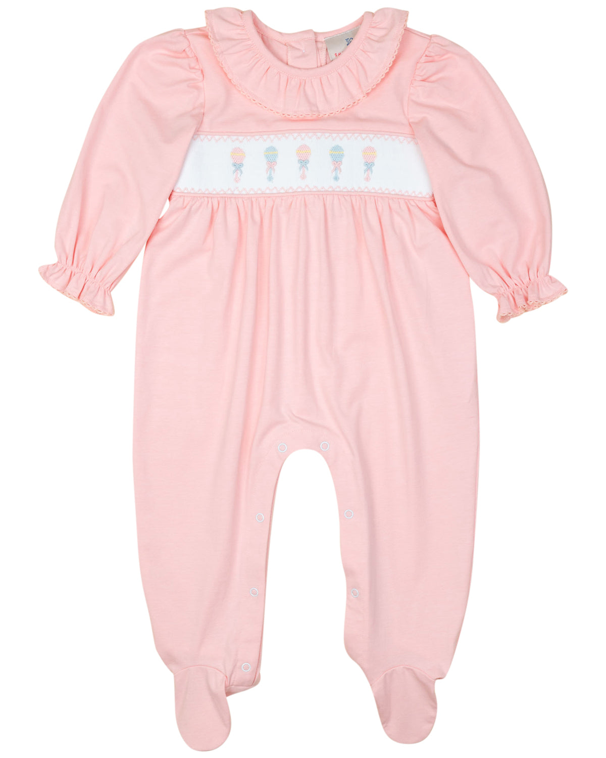 Baby Rattle Smocked Knit Onesie In Pink Smockingbird