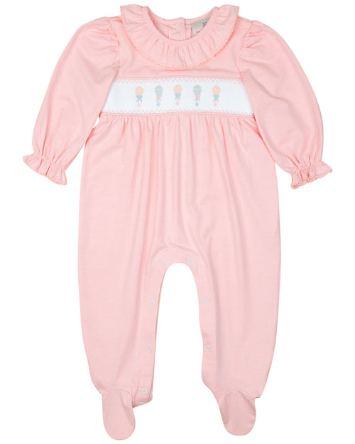 Baby Rattle Smocked Knit Onesie In Pink Smockingbird