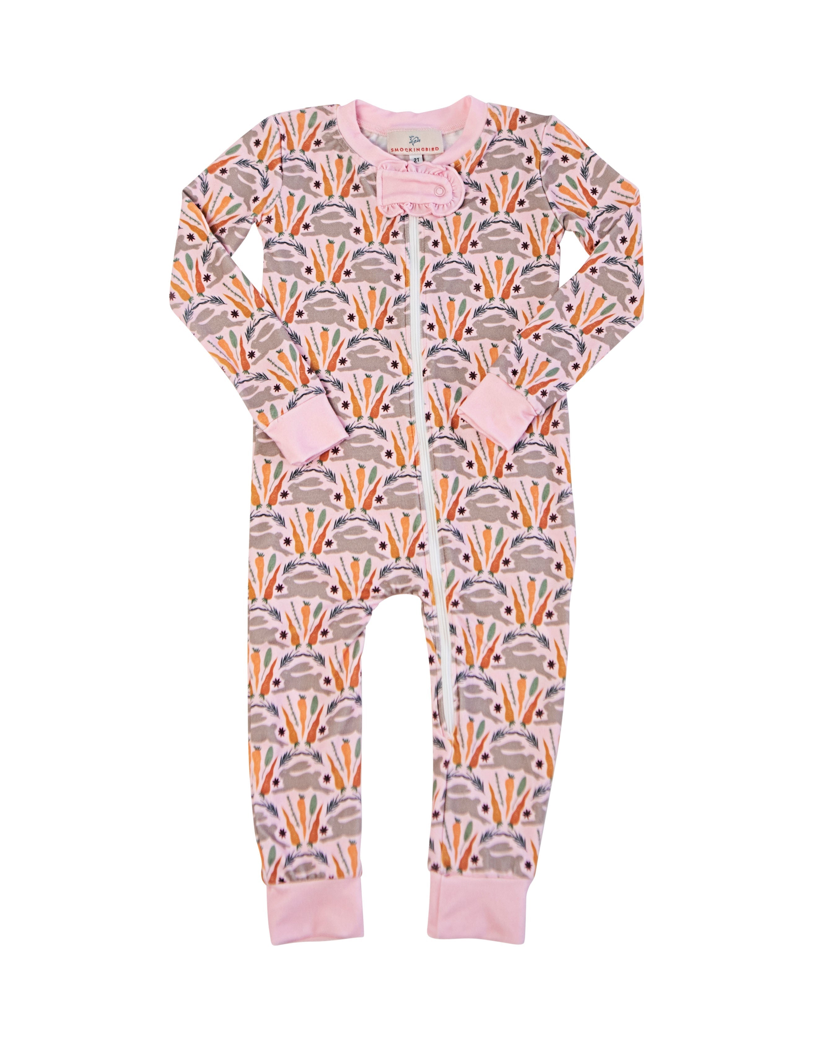 Spring Bunnies Pink Pima Cotton Zip Up Pajamas-FINAL SALE Smockingbird