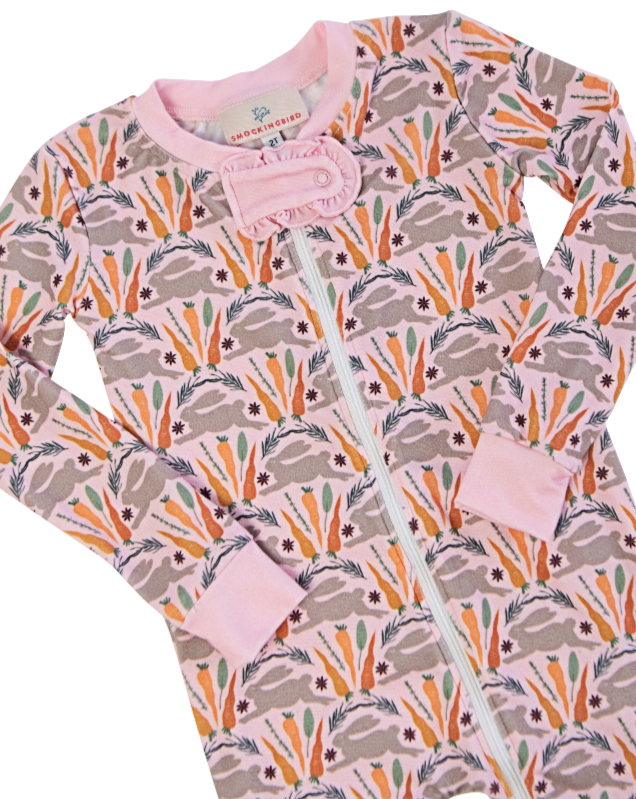Spring Bunnies Pink Pima Cotton Zip Up Pajamas-FINAL SALE Smockingbird