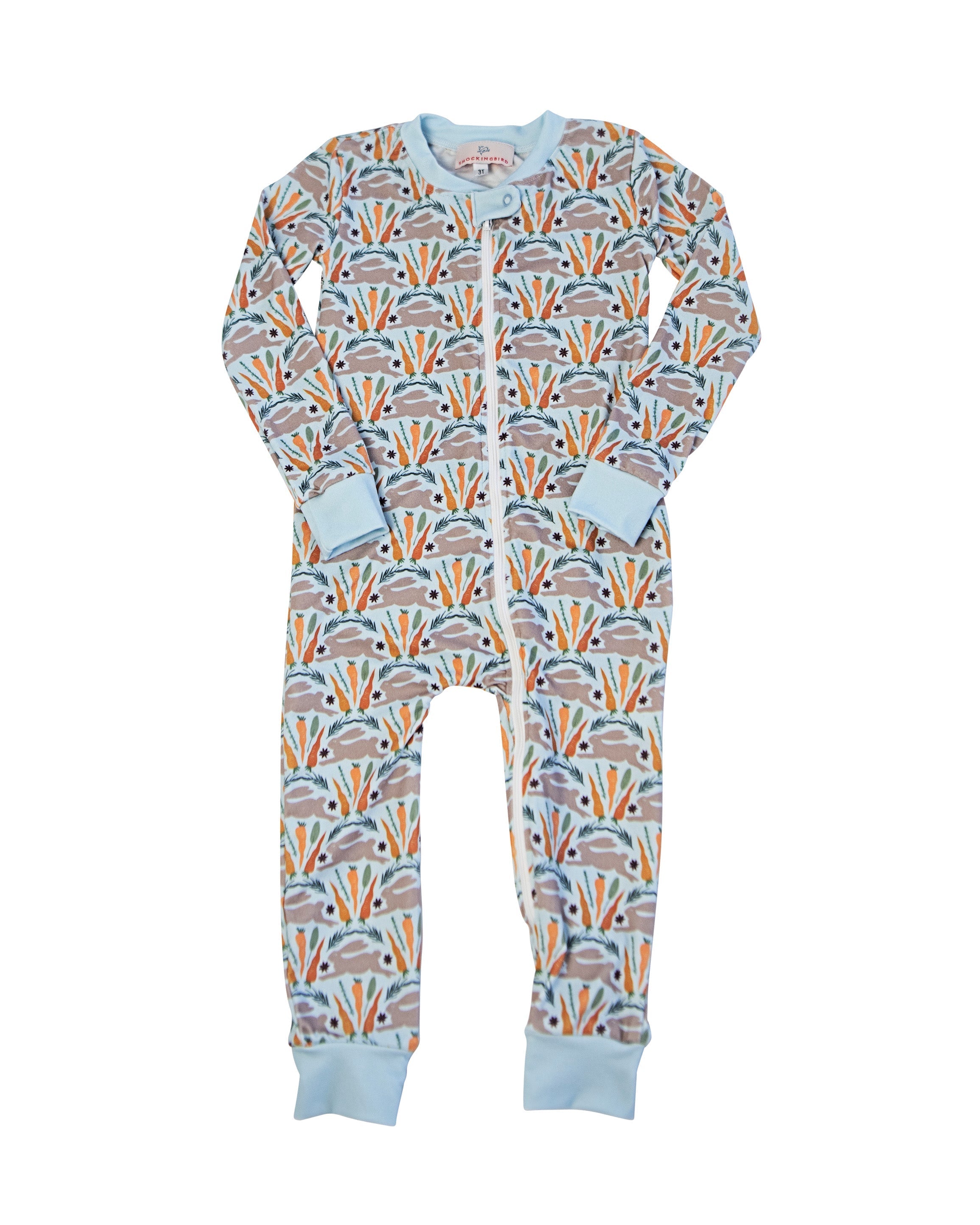 Spring Bunnies Blue Pima Cotton Zip Up Pajamas-FINAL SALE Smockingbird