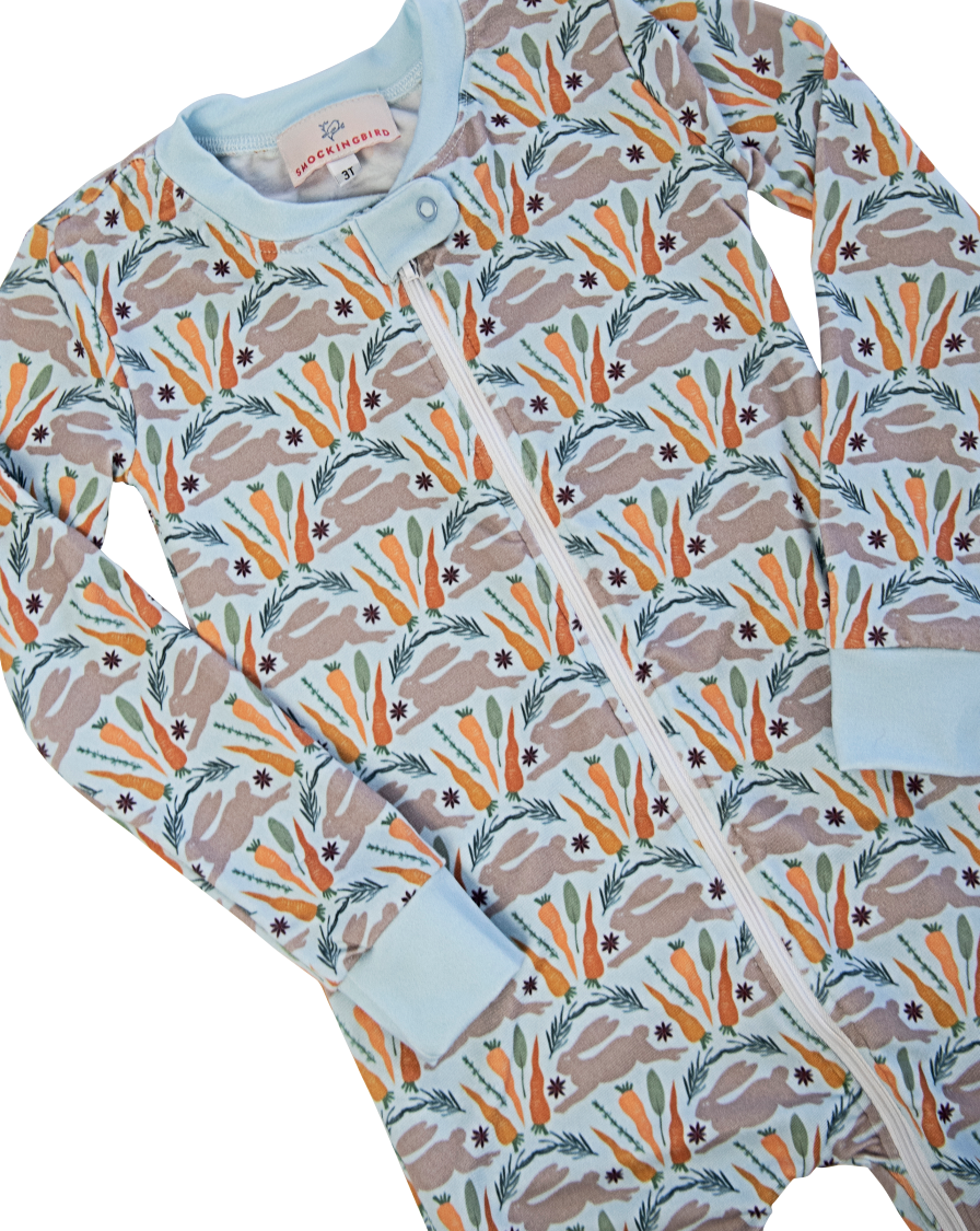 Spring Bunnies Blue Pima Cotton Zip Up Pajamas-FINAL SALE Smockingbird