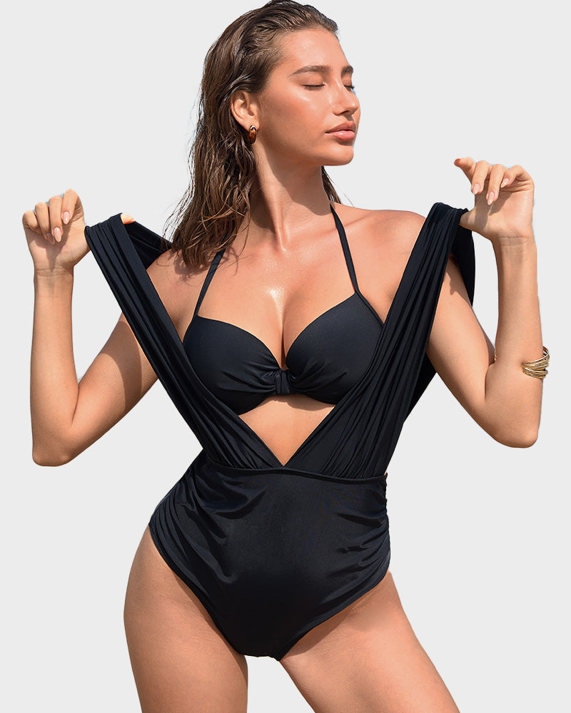 Two-Piece Deep Plunge Swimsuit with Halter Bra Overlay SheCurve
