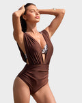 Two-Piece Deep Plunge Swimsuit with Halter Bra Overlay SheCurve