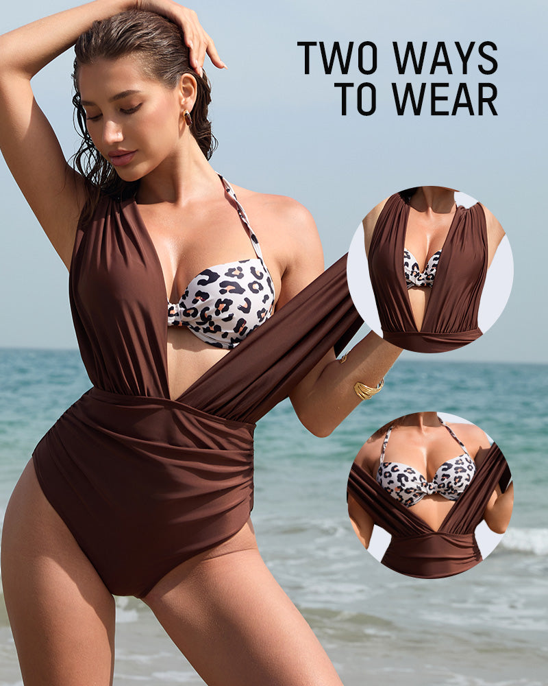 Two-Piece Deep Plunge Swimsuit with Halter Bra Overlay SheCurve