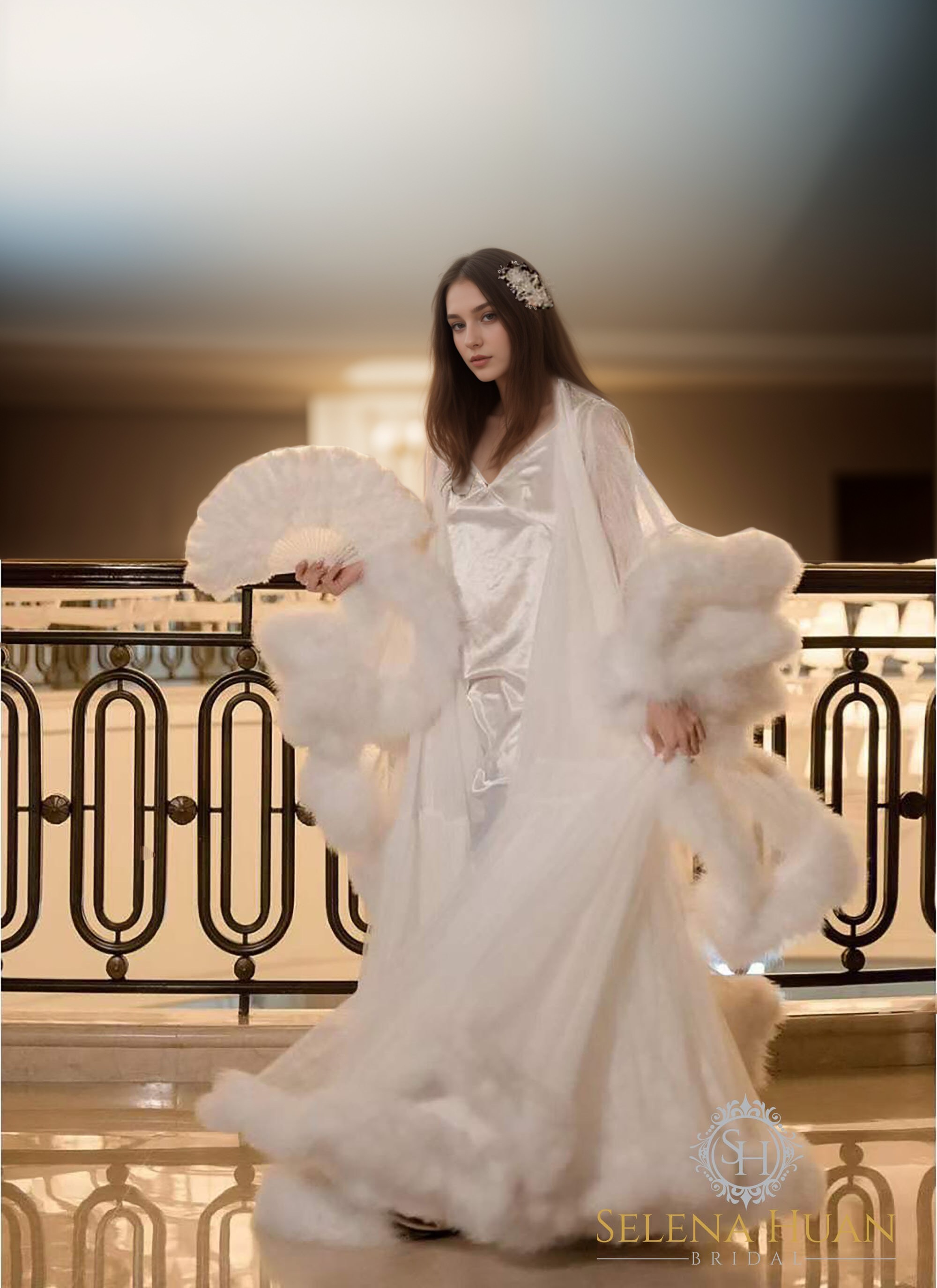 Luxury thick turkey feather fringe long bridal robe set with night gown SelenaHuanStudio