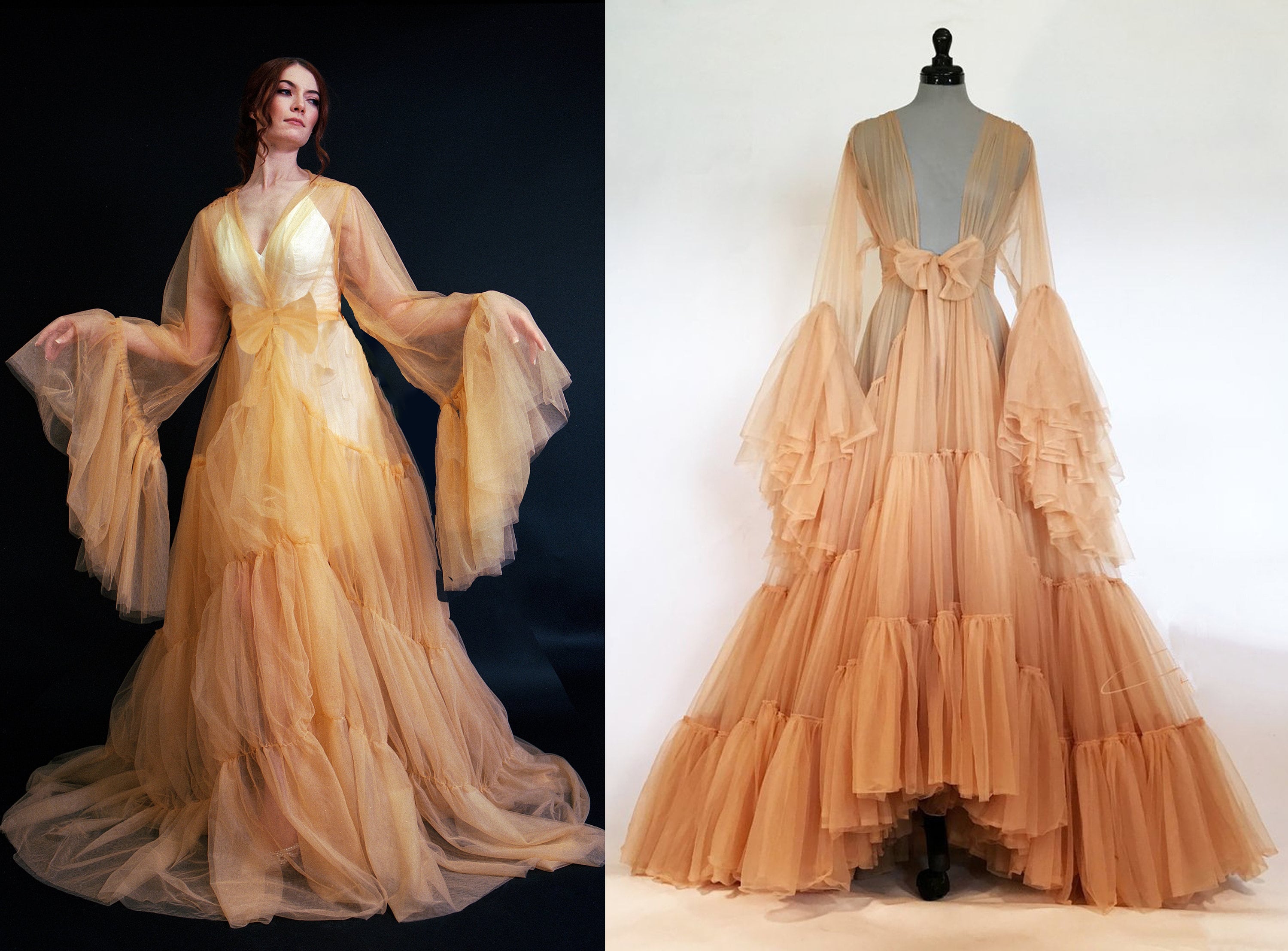 Tulle Ruffled Sleeves Layered Fringe Long Robe Dress