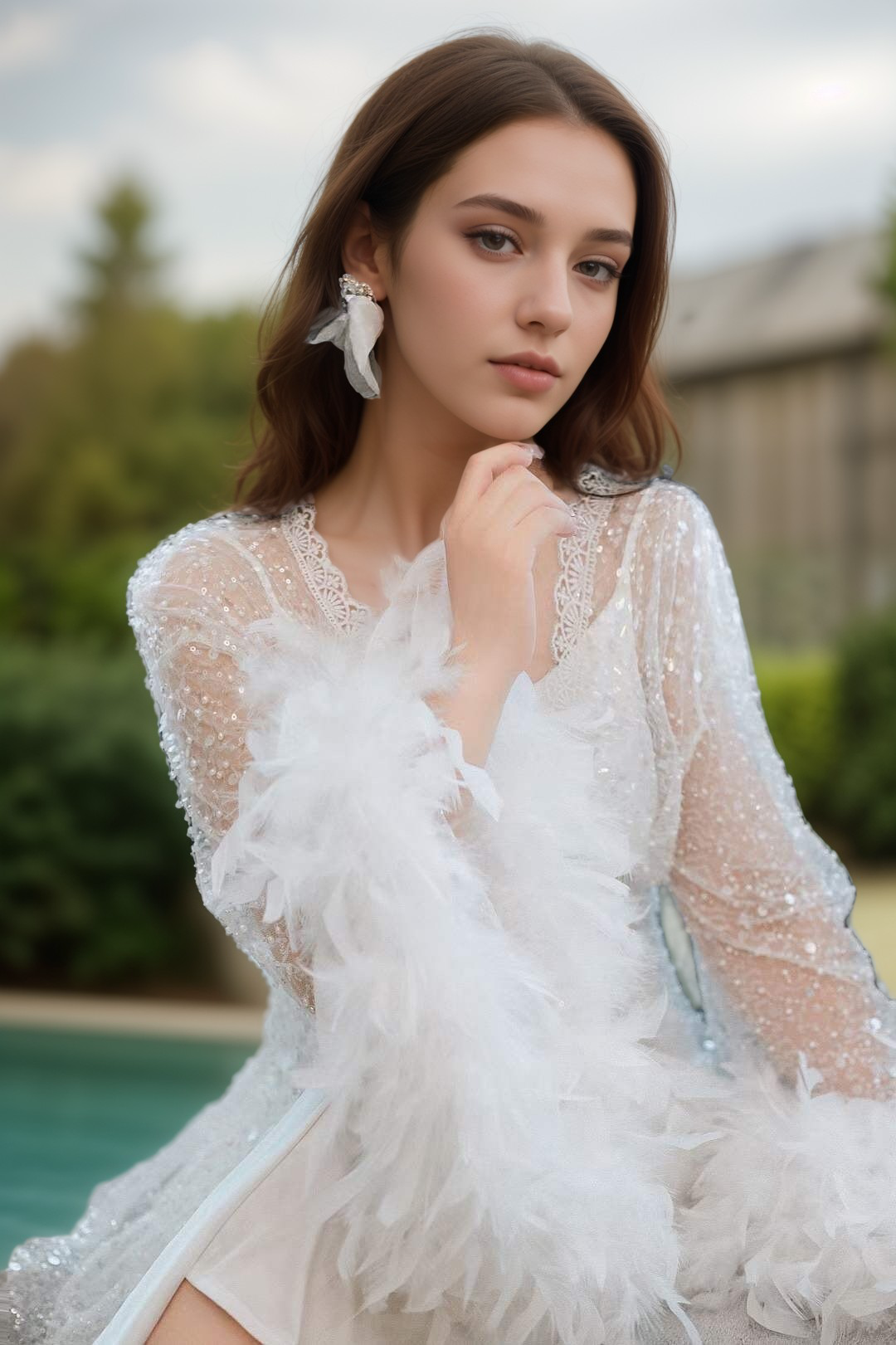 Full Goose Feather sequin mesh long robe dress white ivory SelenaHuanStudio