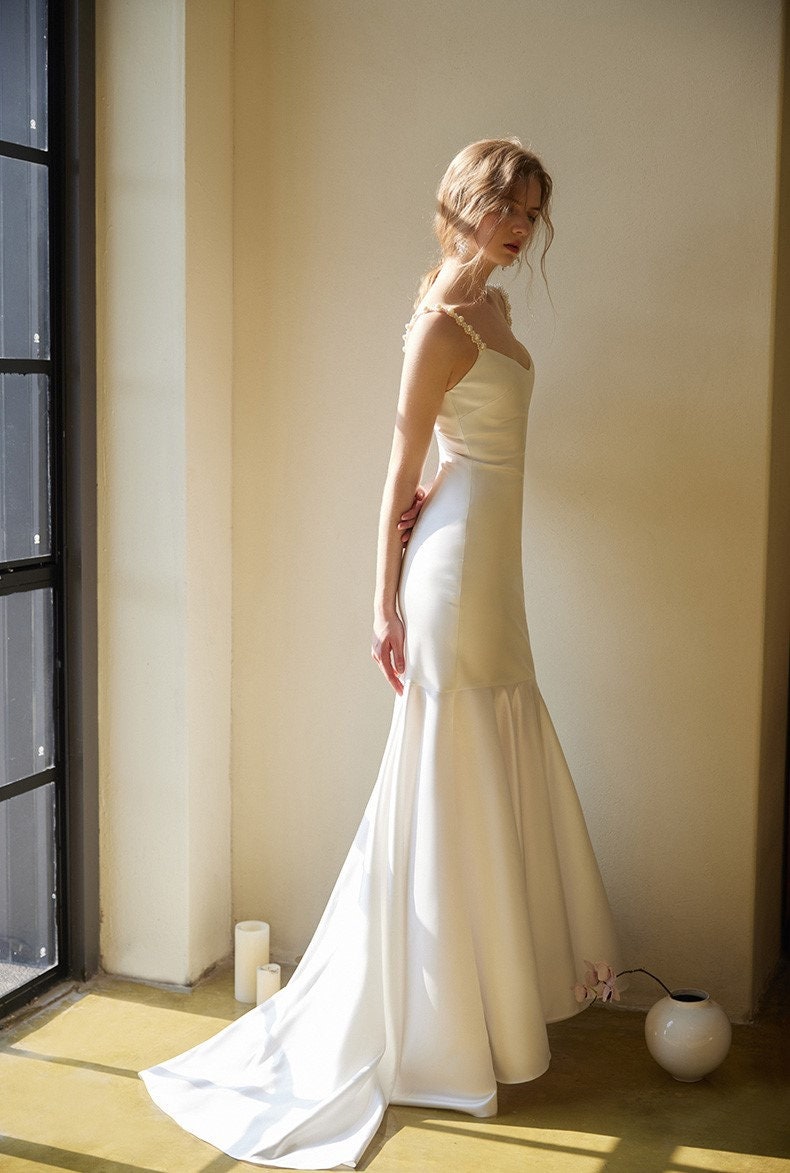 Goddess Style Pearl Beaded Spaghetti-straps Mermaid Satin wedding dress small train SelenaHuanStudio
