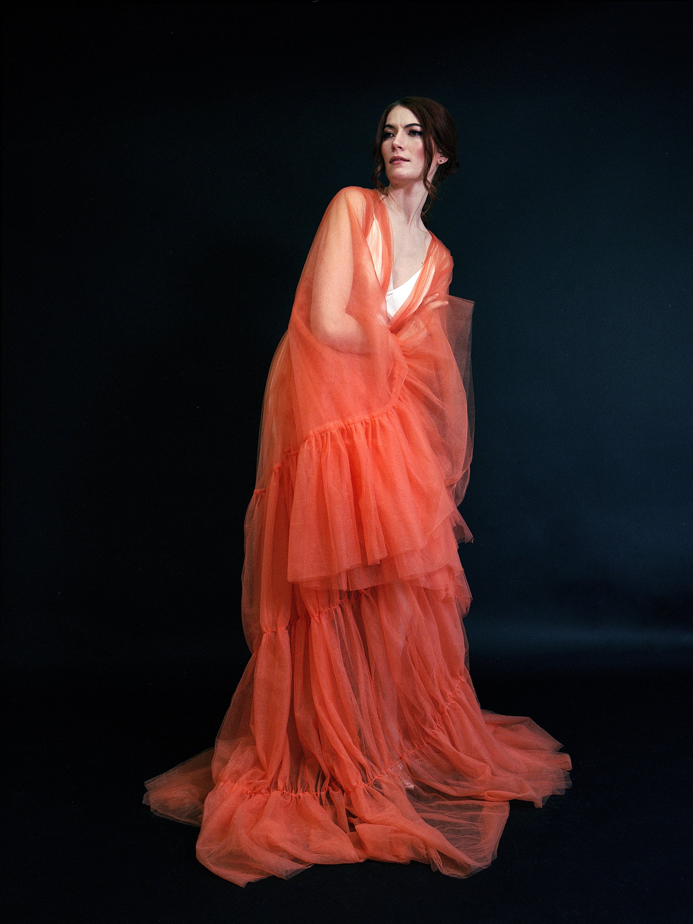 Tulle Ruffled Sleeves Layered Fringe Long Robe Dress