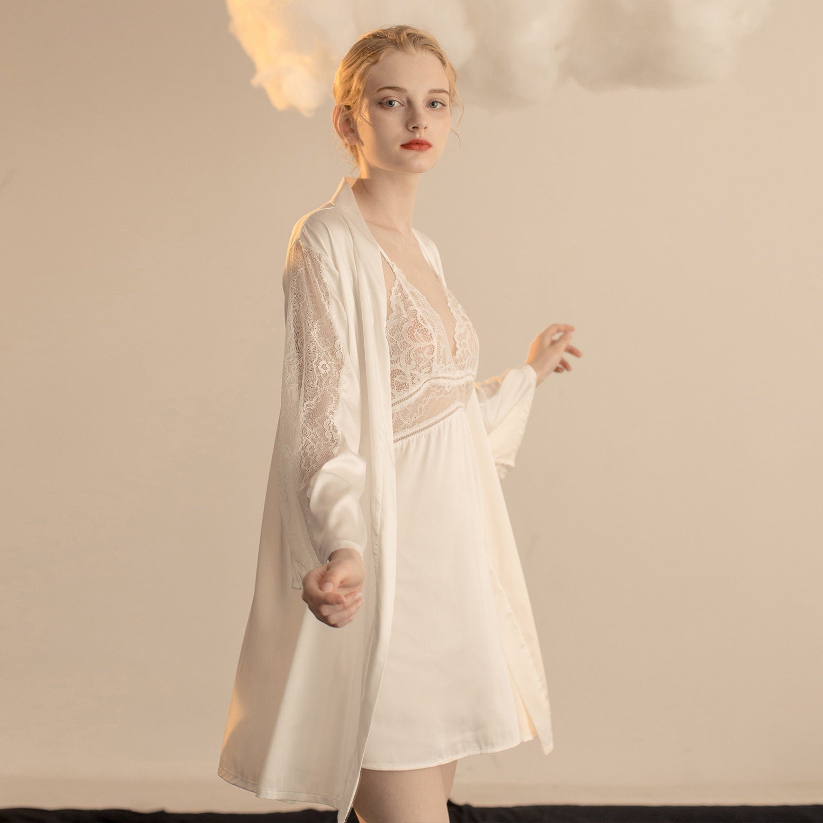 Luxurious Lace Satin Bridal Lingerie Set with Nightgown & Robe - 7 Colors Next Day Shipping SelenaHuanStudio