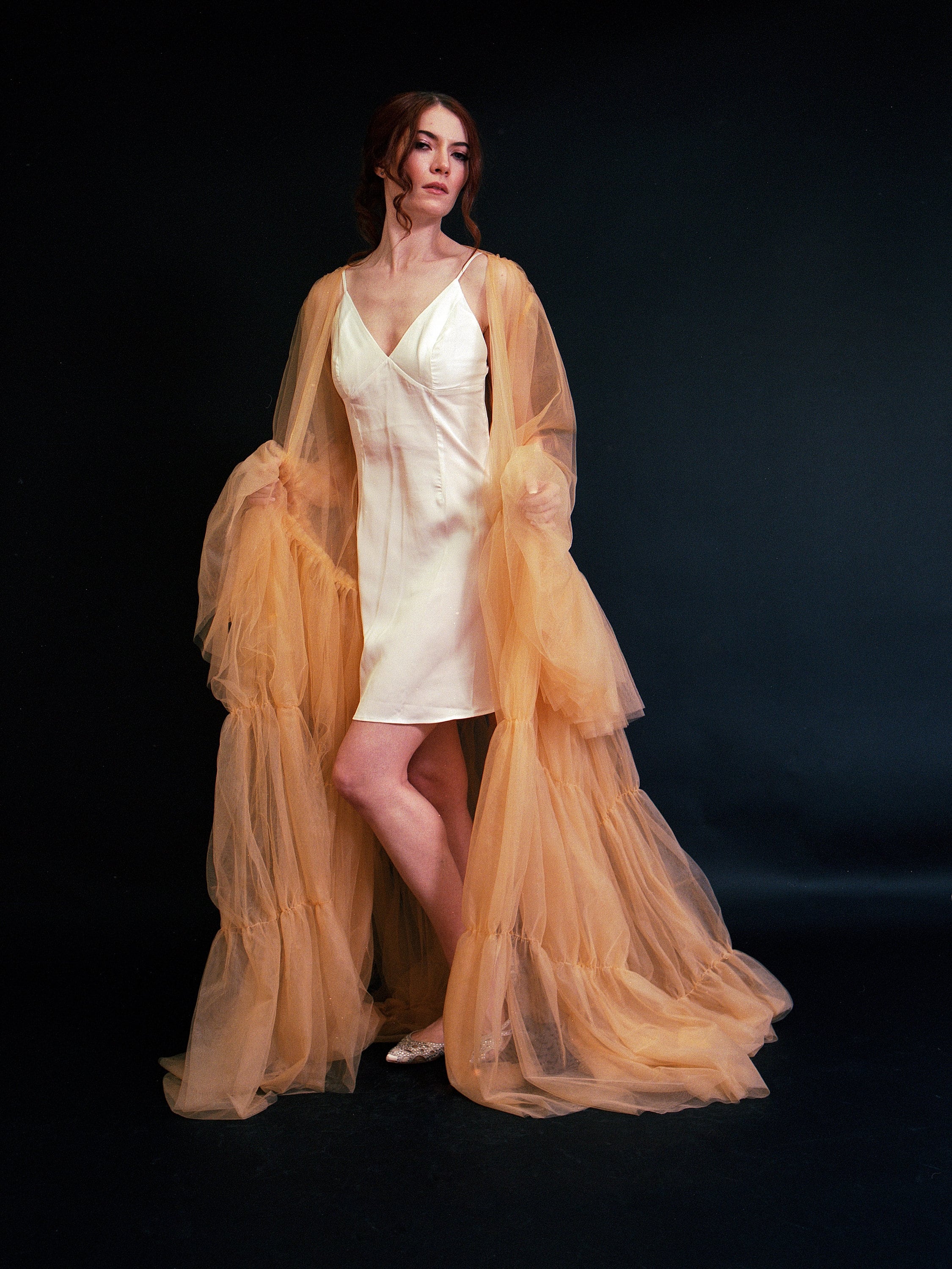 Tulle Ruffled Sleeves Layered Fringe Long Robe Dress