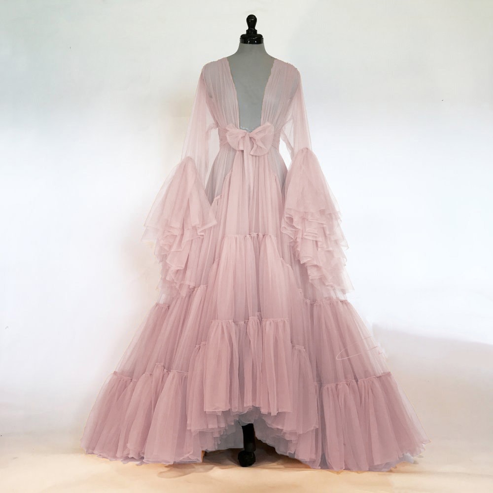 Tulle Ruffled Sleeves Layered Fringe Long Robe Dress