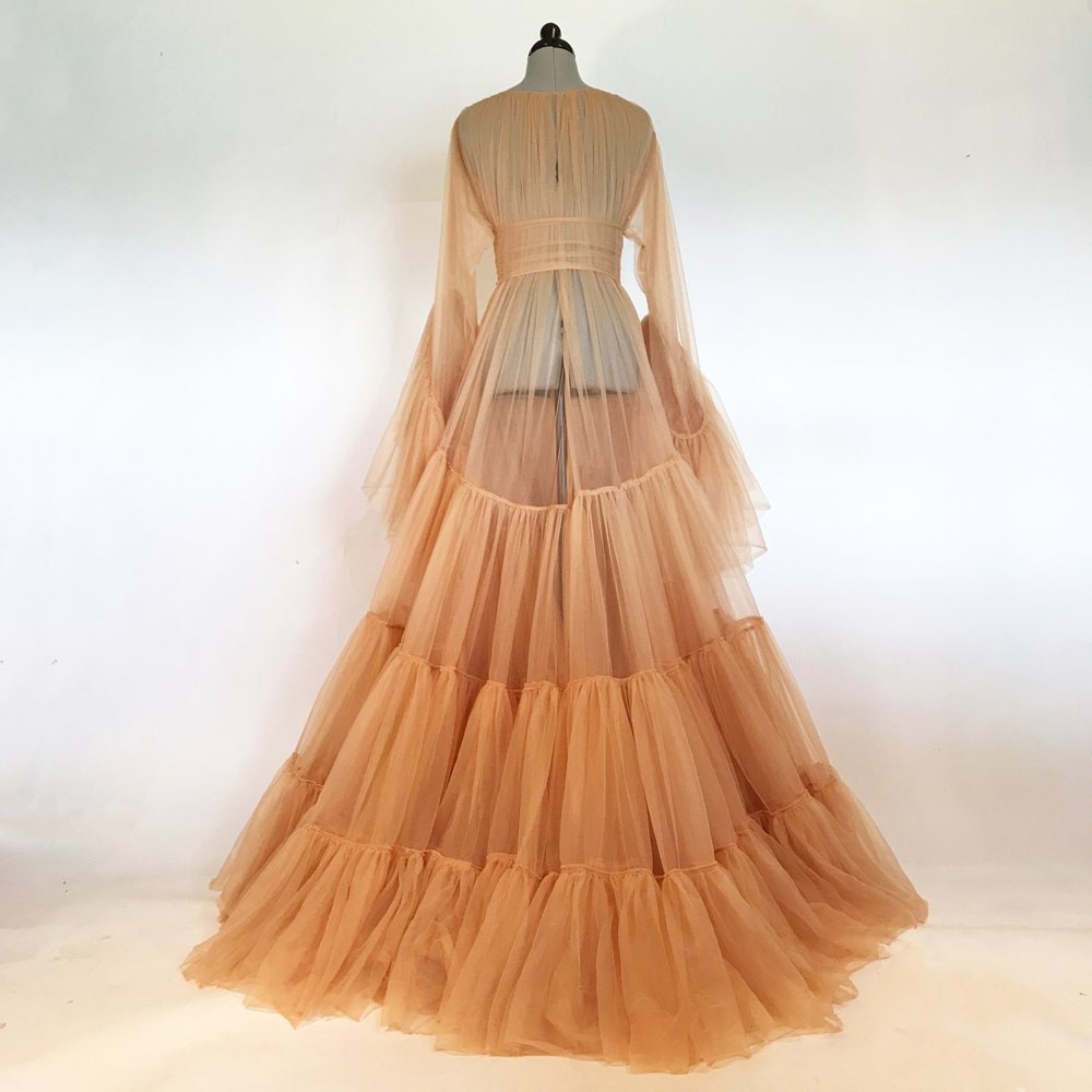 Tulle Ruffled Sleeves Layered Fringe Long Robe Dress SelenaHuanStudio
