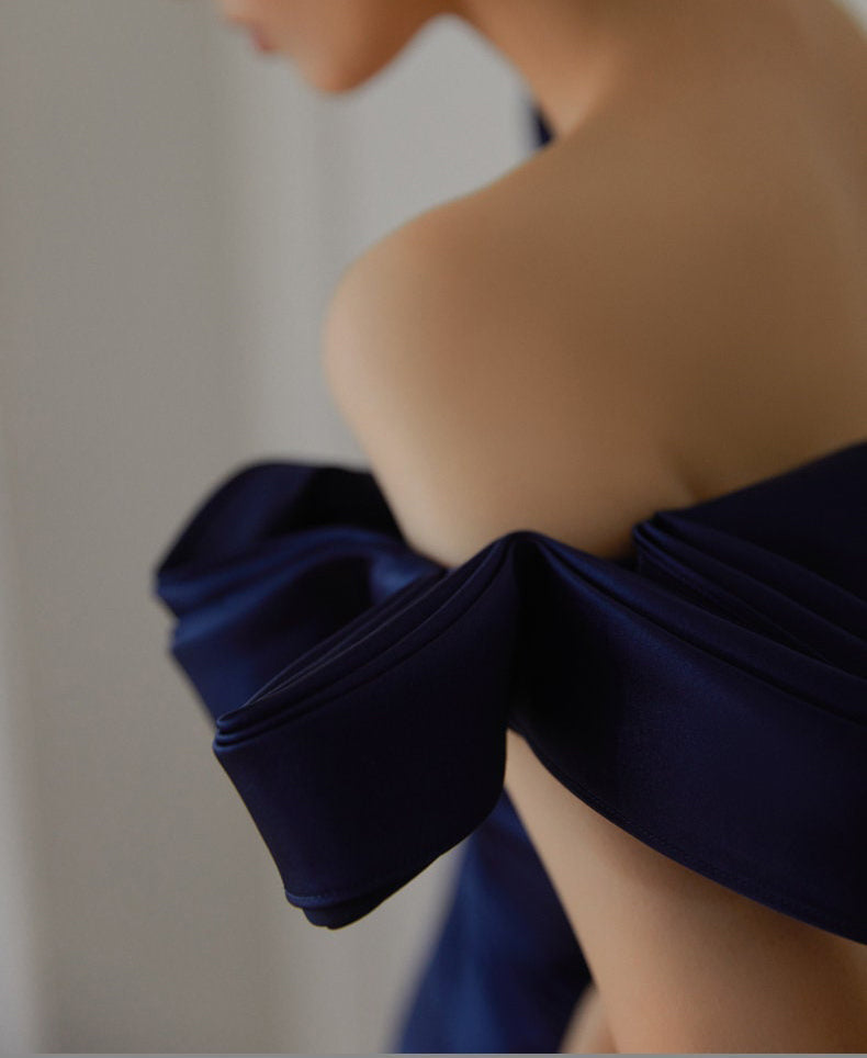 Elegant off the shoulder fit and flare duchess satin simple wedding dress colored wedding dress SelenaHuanStudio