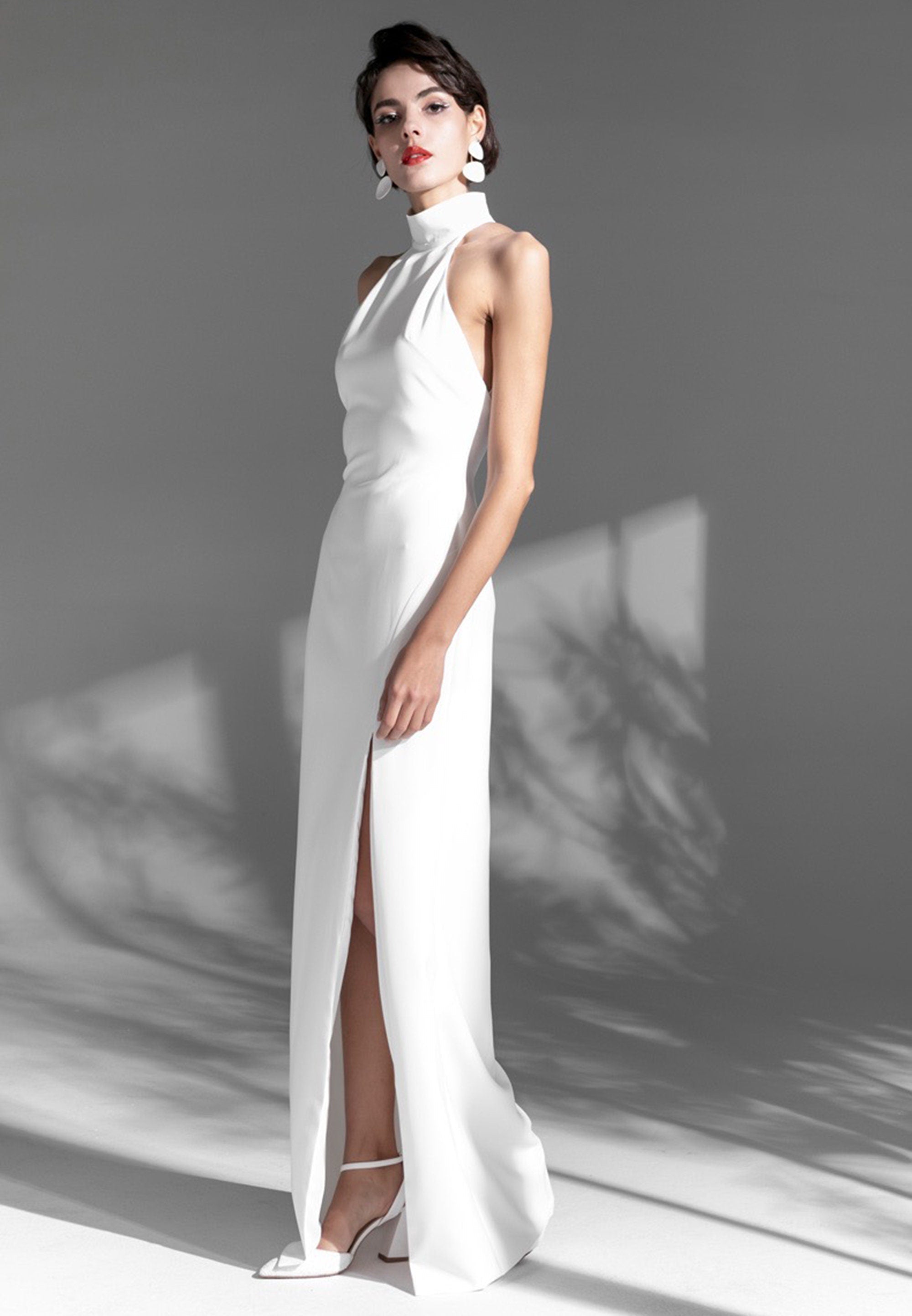 Elegant Haltered Hallowed Back Satin wedding dress thigh Split mini wedding dress SelenaHuanStudio