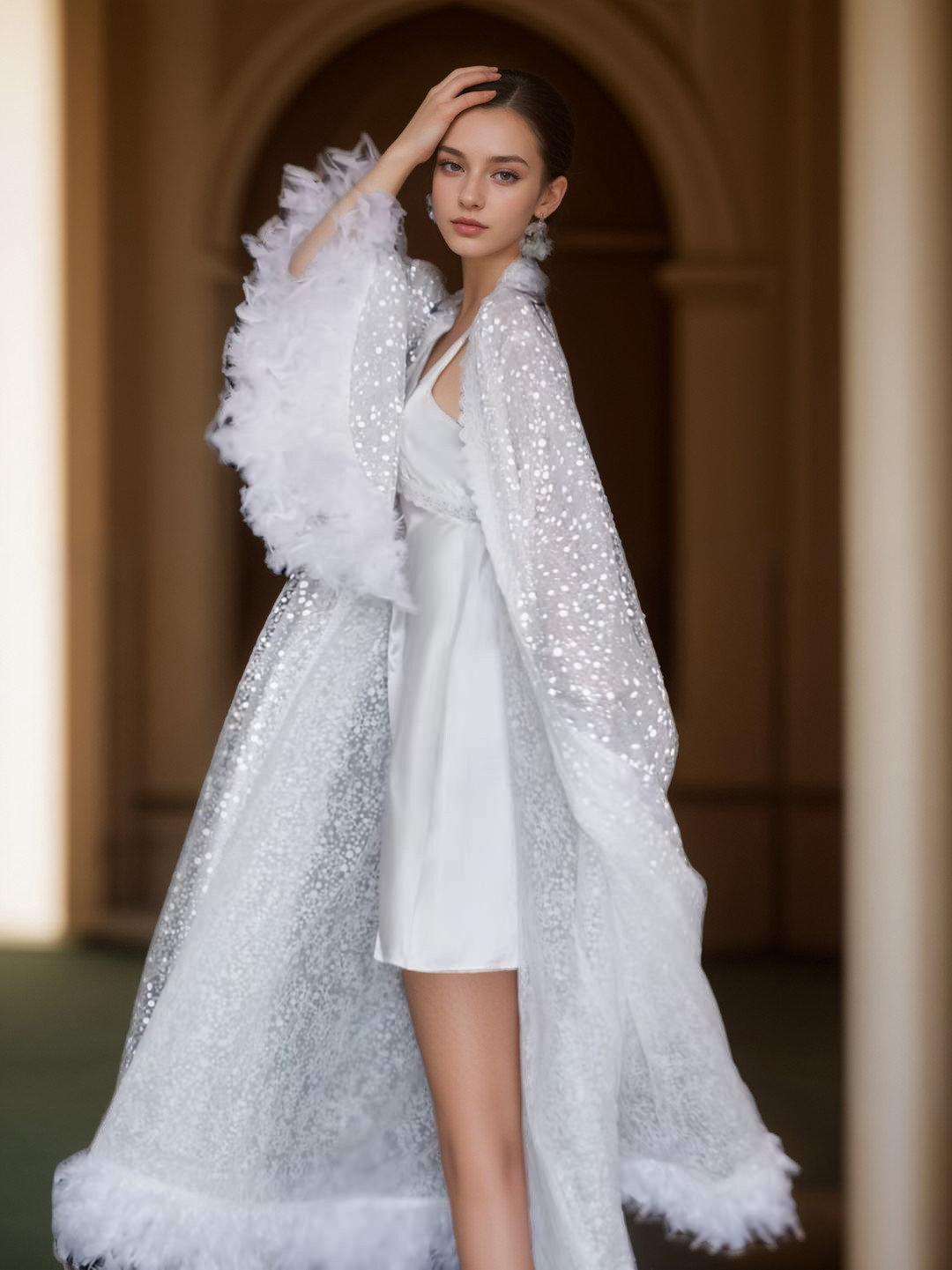 Full Goose Feather sequin mesh long robe dress white ivory SelenaHuanStudio
