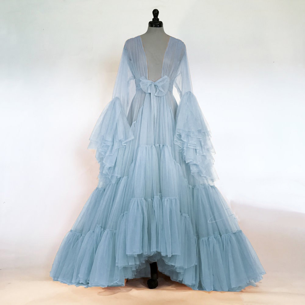 Tulle Ruffled Sleeves Layered Fringe Long Robe Dress