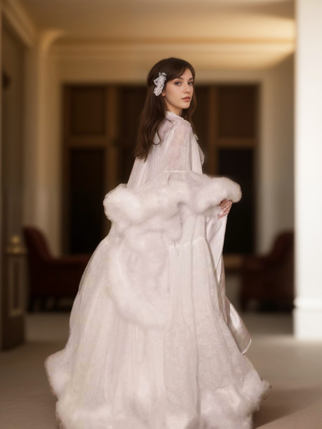 Luxury thick turkey feather fringe long bridal robe set with night gown