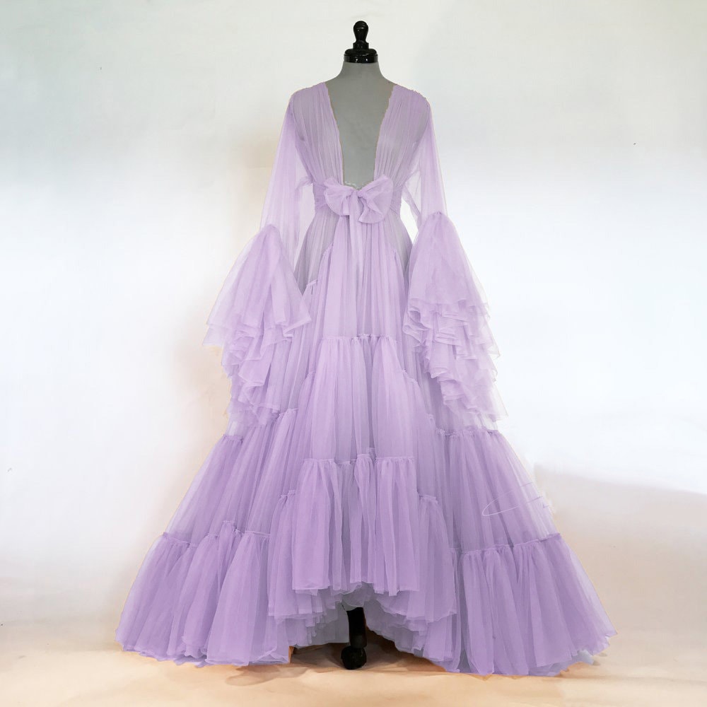 Tulle Ruffled Sleeves Layered Fringe Long Robe Dress