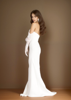 Elegant strapless front button design fit and flare middle slit simple silky satin wedding dress SelenaHuanStudio