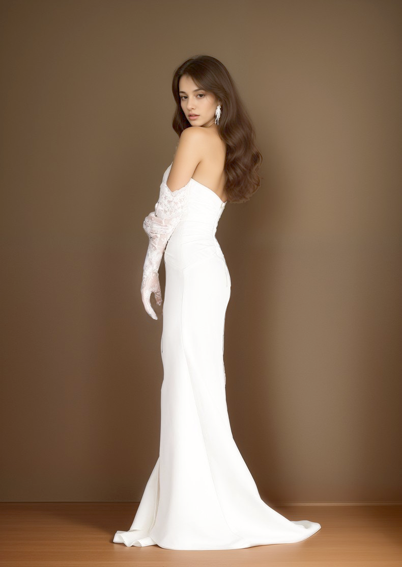 Elegant strapless front button design fit and flare middle slit simple silky satin wedding dress SelenaHuanStudio