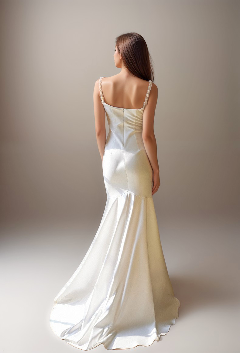 Goddess Style Pearl Beaded Spaghetti-straps Mermaid Satin wedding dress small train SelenaHuanStudio