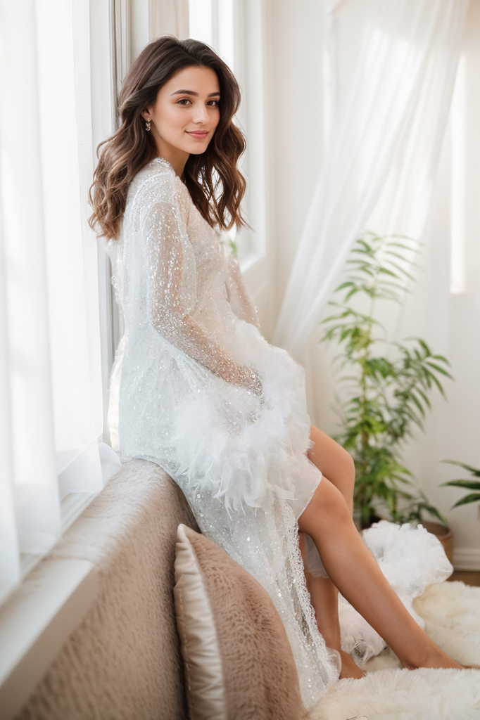 Full Goose Feather sequin mesh long robe dress white ivory SelenaHuanStudio