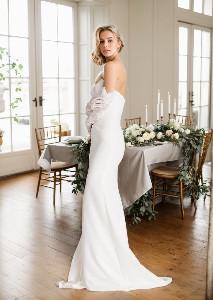 Elegant strapless front button design fit and flare middle slit simple silky satin wedding dress SelenaHuanStudio