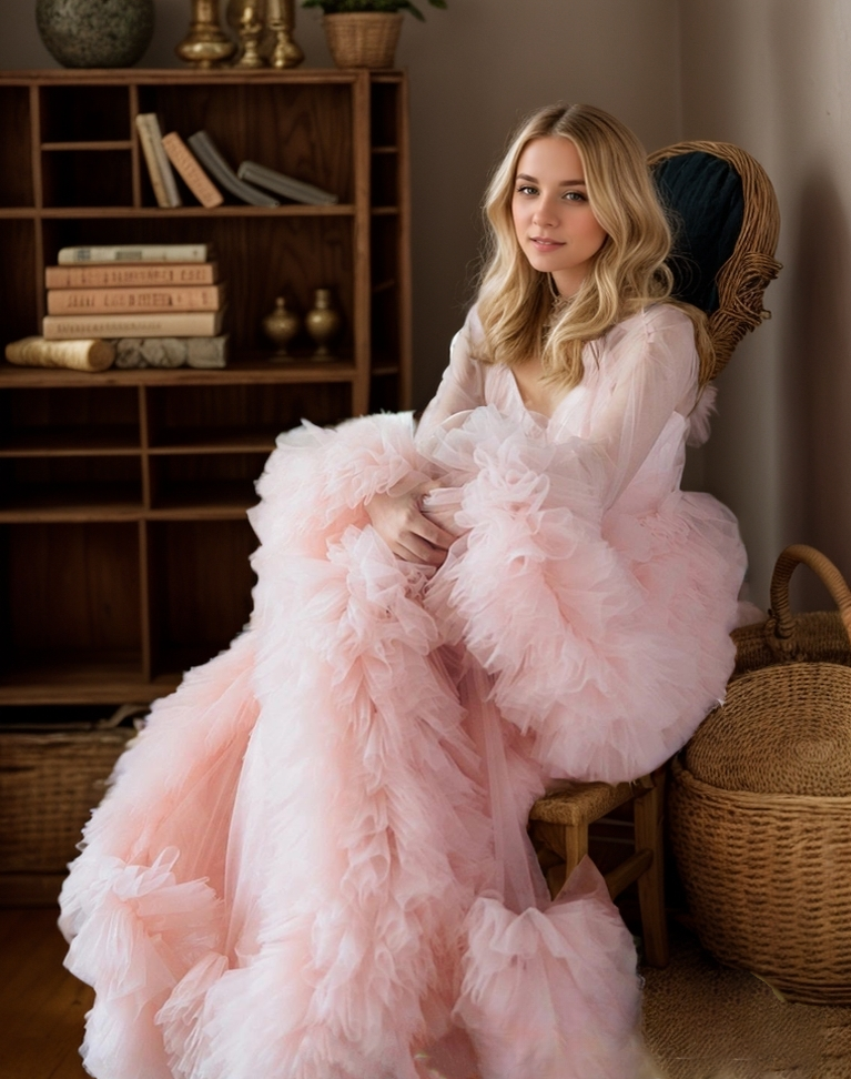 Tulle Ruffled Sleeves Fringe Multi-Color Custom Robe Dress for Theme Photo Shoot SelenaHuanStudio