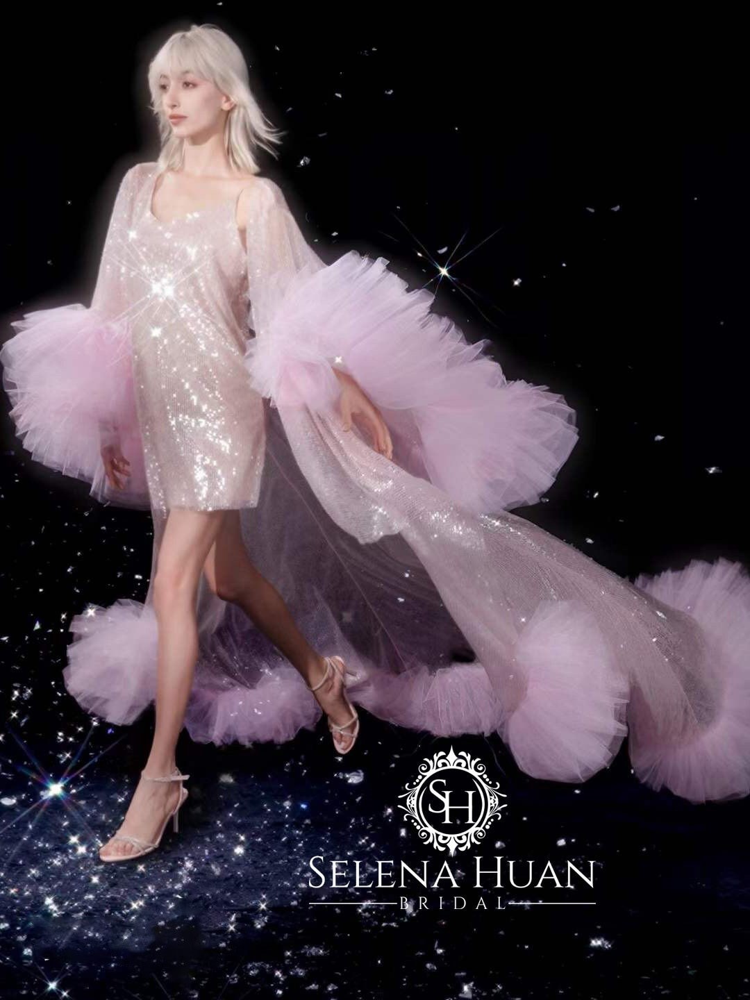 Ruffled tulle fringe hem sequin mesh long robe with sequin nightgown pink ivory SelenaHuanStudio