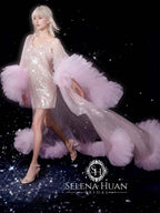 Ruffled tulle fringe hem sequin mesh long robe with sequin nightgown pink ivory SelenaHuanStudio