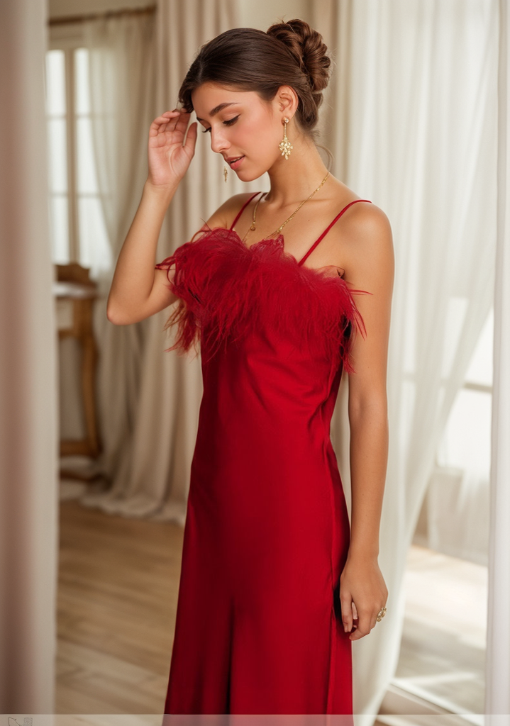 Luxury Ostrich Feather Silky Satin Long Nightgown SelenaHuanStudio