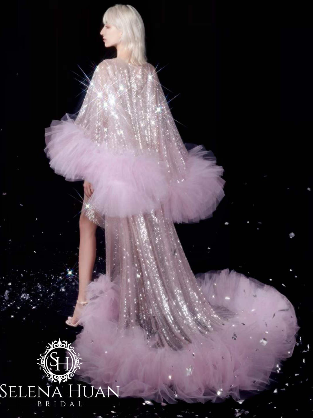 Ruffled tulle fringe hem sequin mesh long robe with sequin nightgown pink ivory SelenaHuanStudio