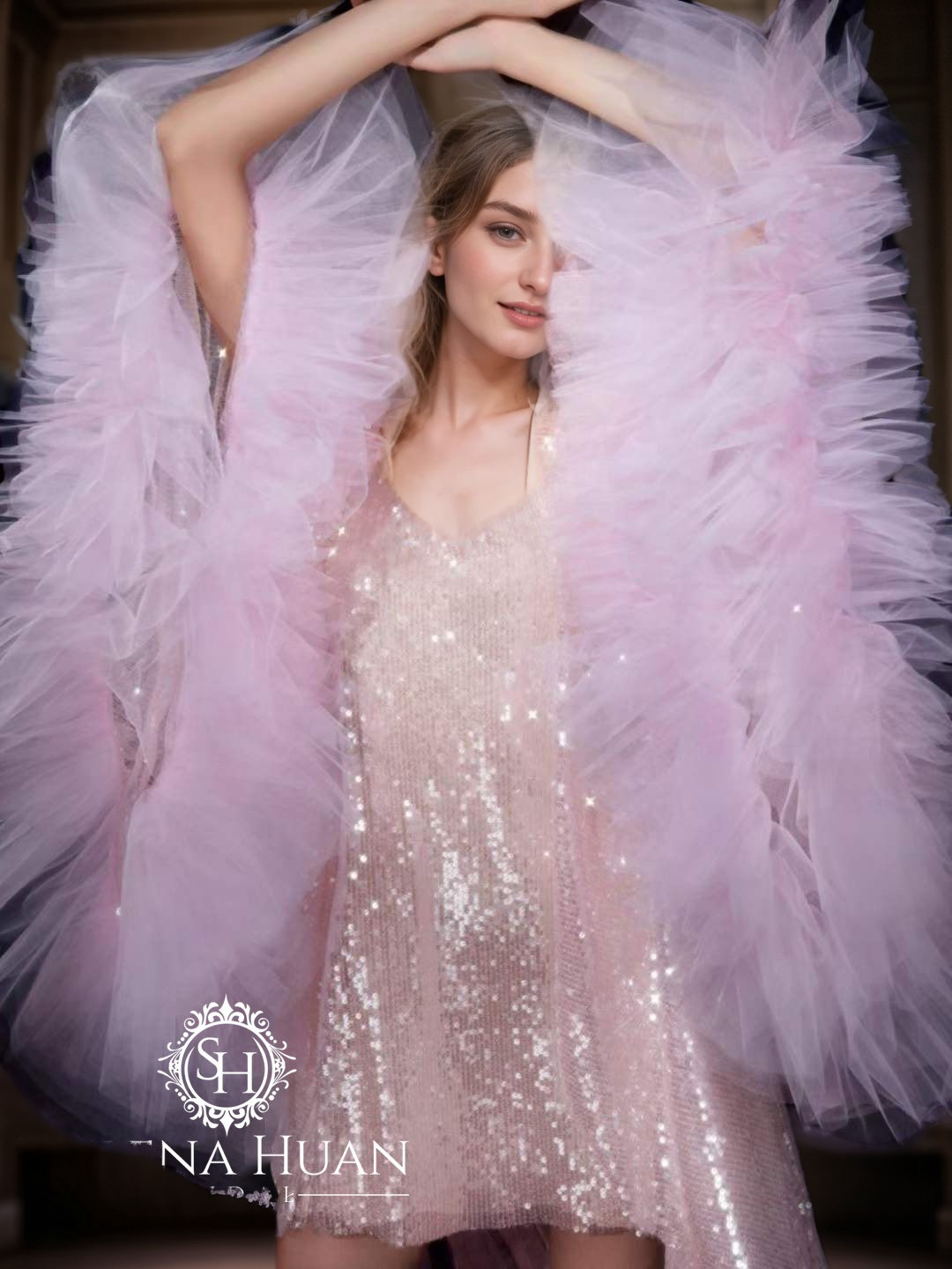 Ruffled tulle fringe hem sequin mesh long robe with sequin nightgown pink ivory SelenaHuanStudio